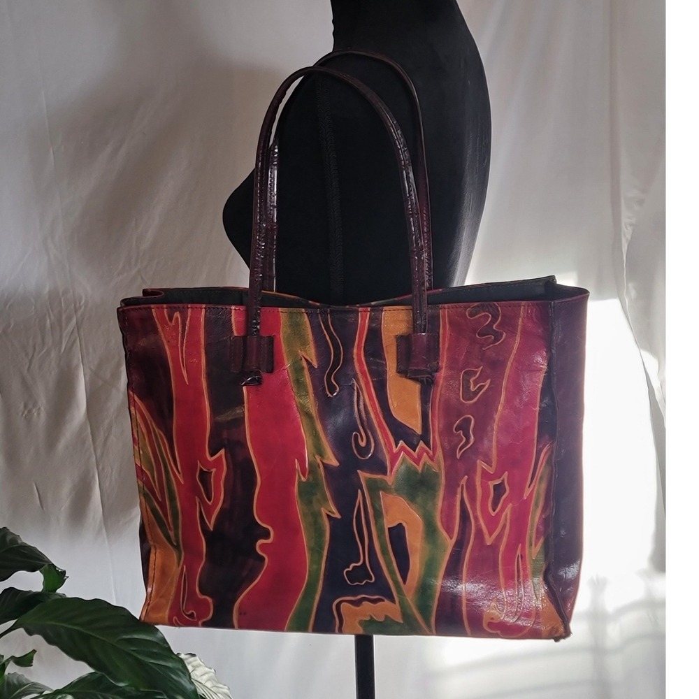 Vintage Leather Embossed Tote Bag Multicolor Abstract Design Shoulder‎ Bag